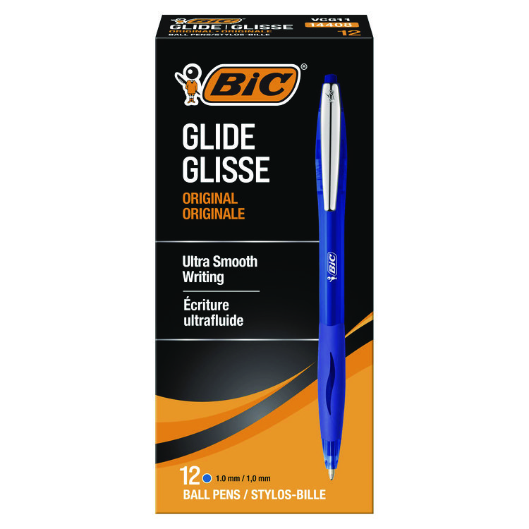 BIC GLIDE Ballpoint Pen, Retractable, Medium 1 mm, Blue Ink, Translucent Blue/Blue Barrel, Dozen (BICVCG11BE)