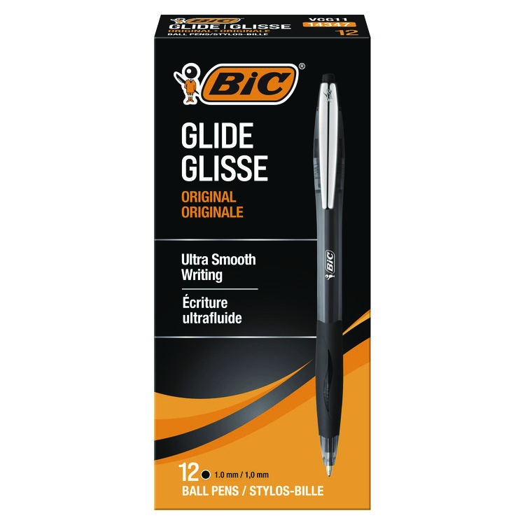 BIC GLIDE Ballpoint Pen, Retractable, Medium 1 mm, Black Ink, Smoke/Black Barrel, Dozen (BICVCG11BK)