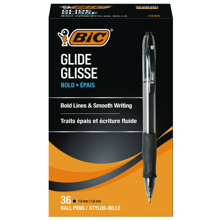 BIC GLIDE Bold Ballpoint Pen Value Pack, Retractable, Bold 1.6 mm, Black Ink, Smoke Barrel, 36/Pack (BICVLGB361BK)