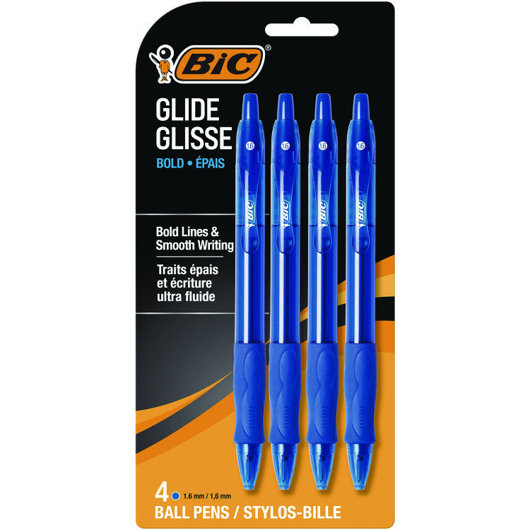 BIC GLIDE Bold Ballpoint Pen, Retractable, Bold 1.6 mm, Blue Ink, Translucent Blue Barrel, 4/Pack (BICVLGBP41BLU)