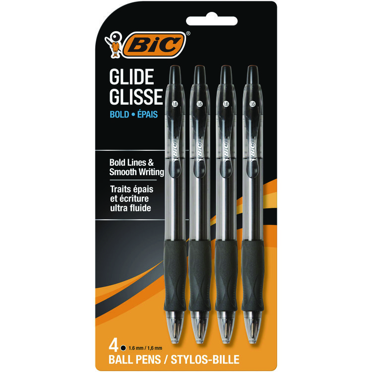 BIC GLIDE Bold Ballpoint Pen, Retractable, Bold 1.6 mm, Black Ink, Translucent Black Barrel, 4/Pack (BICVLGBP41BLK)