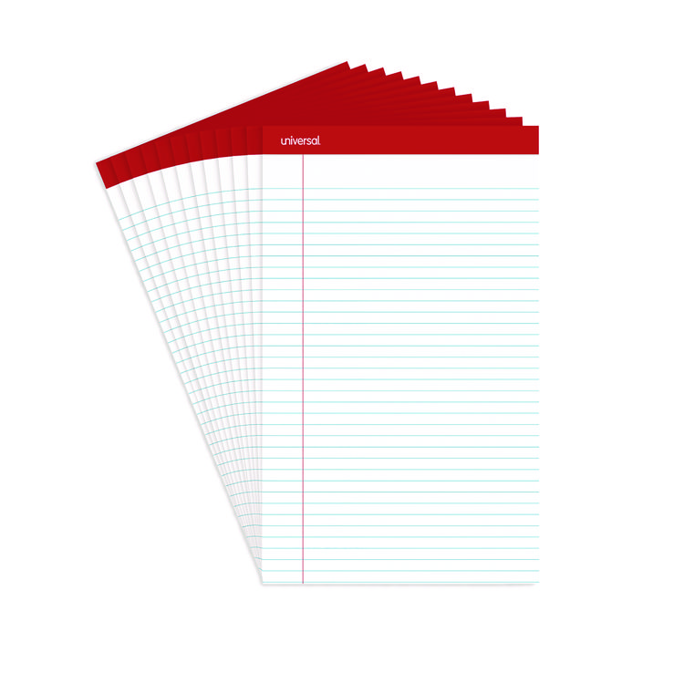 Universal Perforated Ruled Writing Pads, Wide/Legal Rule, Red Headband, 50 White 8.5 x 14 Sheets, Dozen (UNV45000)