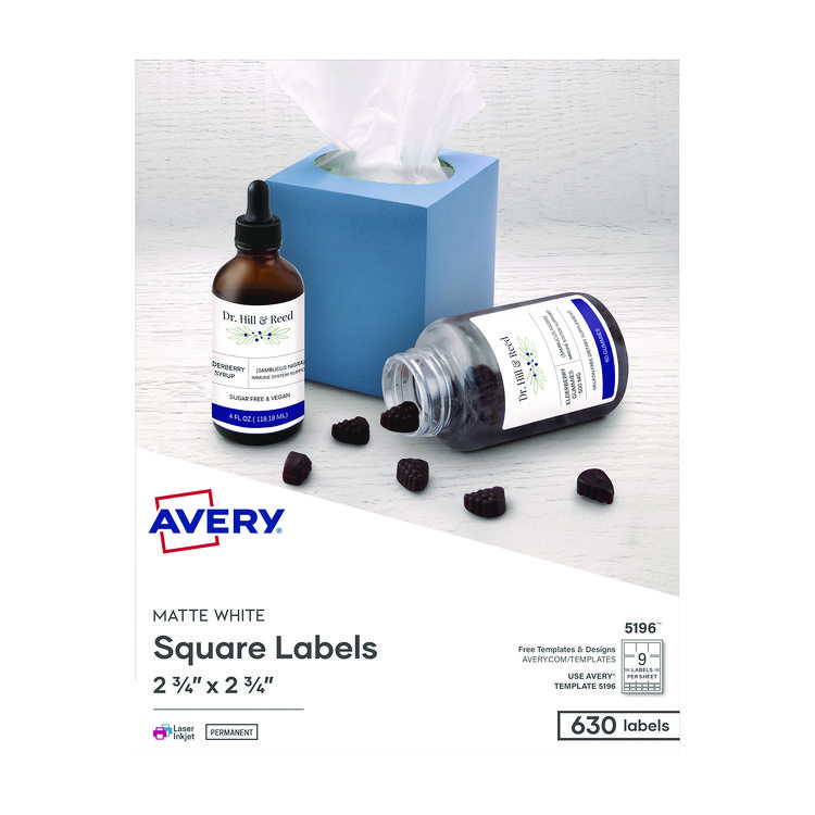 Avery Laser/Inkjet Media Labels, Inkjet/Laser Printers, 2.75" x 2.75", Matte White, 9 Labels/Sheet, 70 Sheets/Box (AVE5196)