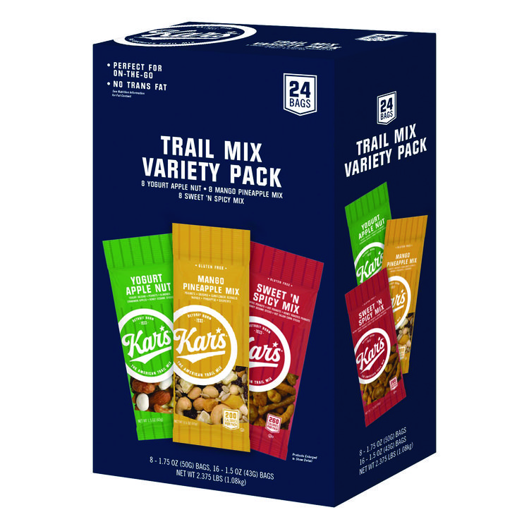 Kar's Trail Mix Variety Pack, Mango Pineapple/Sweet 'N Spicy/Yogurt Apple Nut, 24 Packets/Box (AVTSN08361)