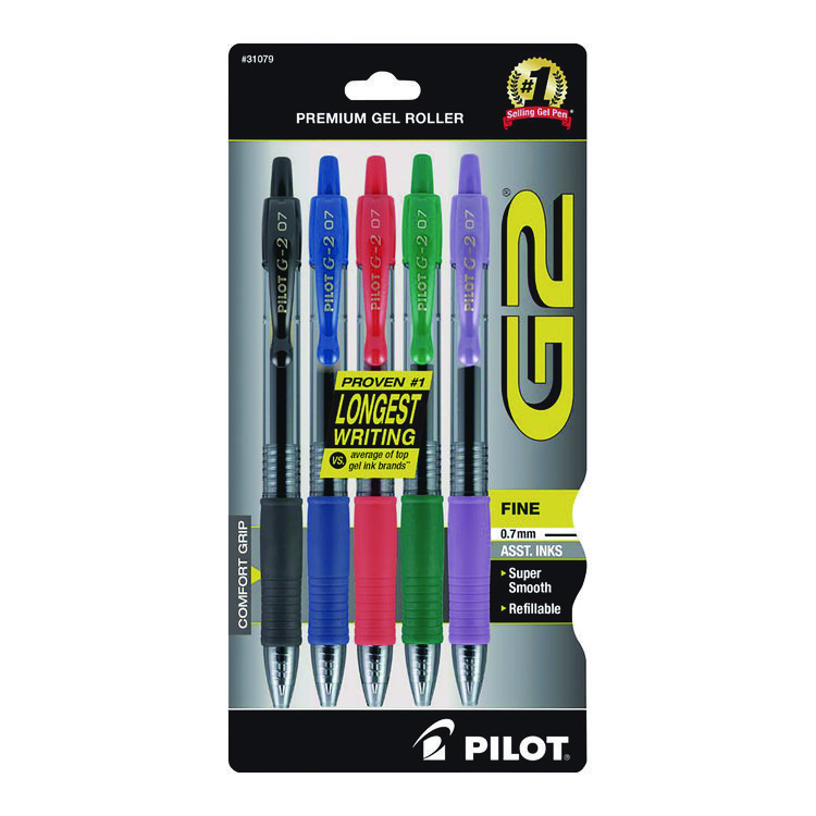 Pilot G2 Premium Gel Pen, Retractable, Fine 0.7 mm, Assorted Ink and Barrel Colors, 5/Pack (PIL31079)