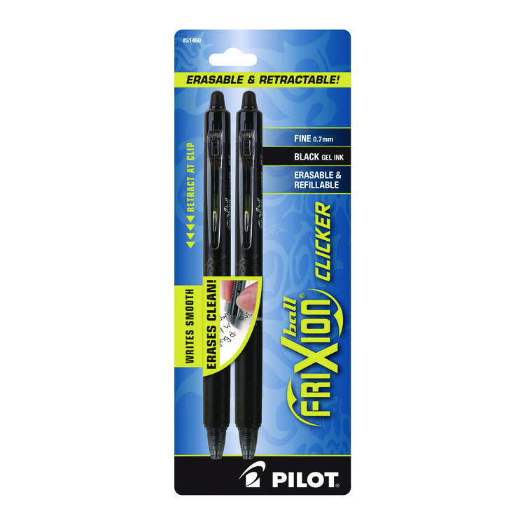 Pilot FriXion Ball Clicker Erasable Gel Pen, Retractable, Fine 0.7 mm, Black Ink, Black Barrel, 2/Pack (PIL31460)