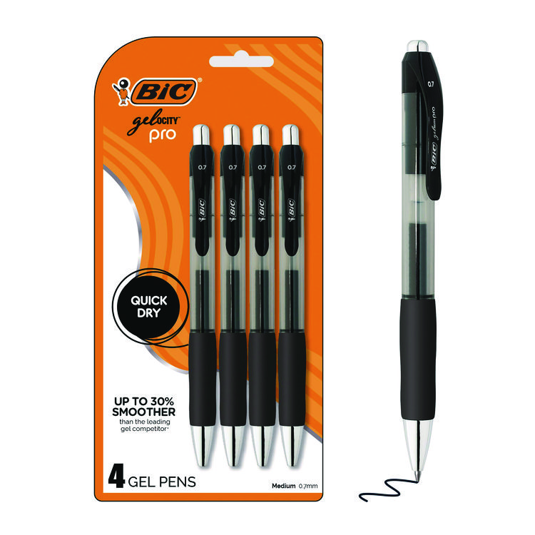 BIC Gel-ocity Pro Gel Pen, Retractable, Medium 0.7 mm, Black Ink, Translucent Black/Black Barrel, 4/Pack (BICRPGLP4BLK)
