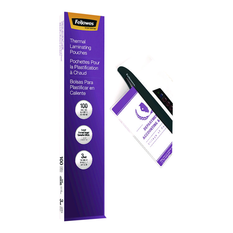 Fellowes Laminating Pouches, 3 mil, 9" x 14.5", Clear Gloss, 100/Pack (FEL52455)
