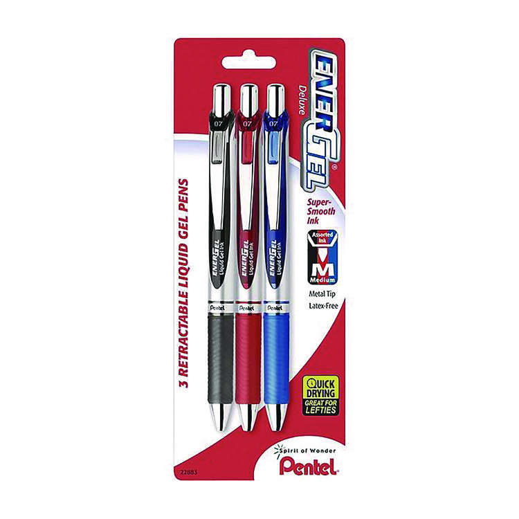 Pentel EnerGel RTX Deluxe Gel Pen, Retractable, Medium 0.7 mm, Assorted Ink and Barrel Colors, 3/Pack (PENBL77BP3M)