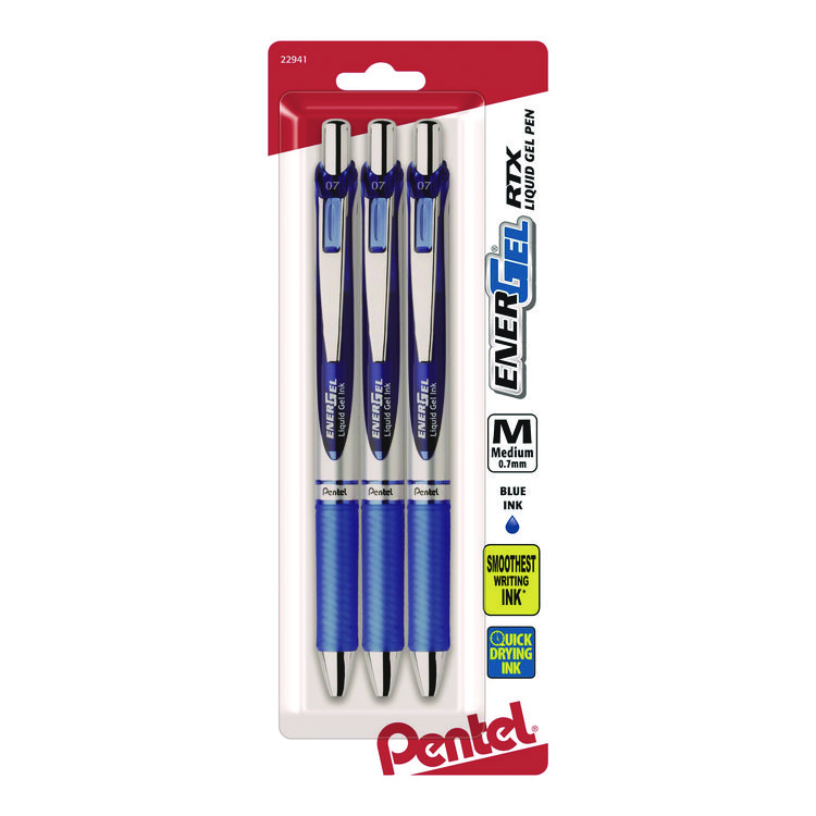 Pentel EnerGel RTX Gel Pen, Retractable, Medium 0.7 mm, Blue Ink, Blue/Silver Barrel, 3/Pack (PENBL77BP3C)