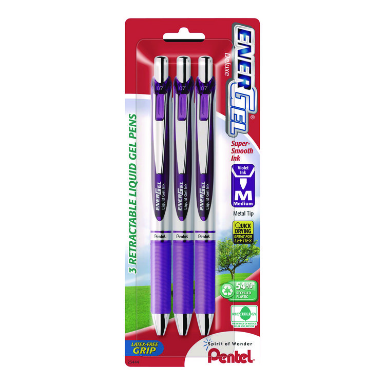 Pentel EnerGel RTX Deluxe Gel Pen, Retractable, Medium 0.7 mm, Purple Ink, Purple/Silver Barrel, 3/Pack (PENBL77BP3V)