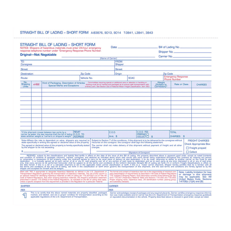 Adams Bill of Lading - Short Form for Up to Ten Articles, Three-Part Carbonless, 8.5 x 6.94, 50 Forms Total (ABF9013)