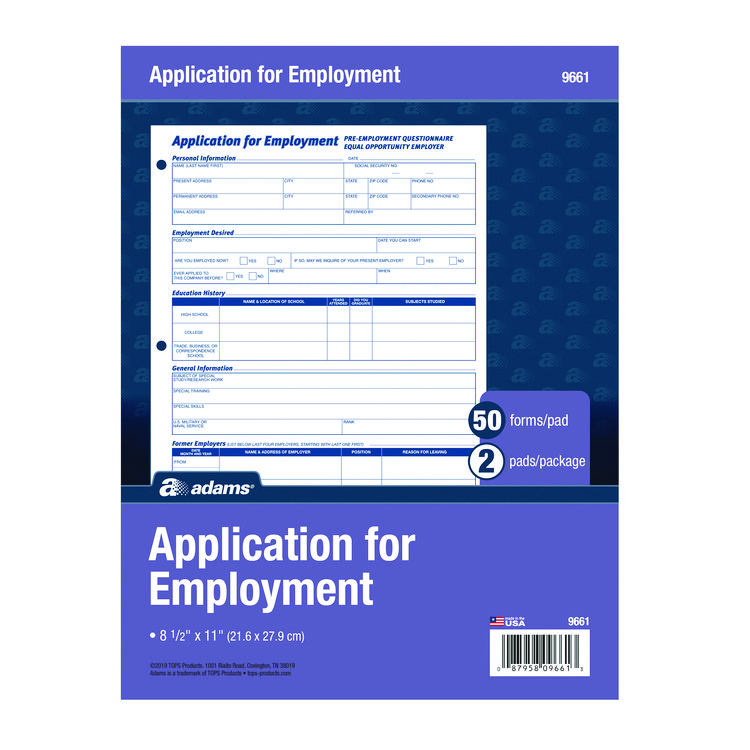 Adams Employment Applications, One-Part (No Copies), 11 x 8.38, 50 Forms/Pad, 2 Pads/Pack (ABF9661)