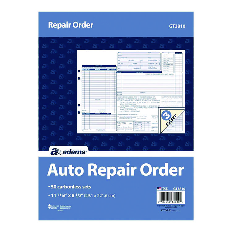 Adams Multipart Auto Repair Work Order Forms with Checklist for Routine Jobs, Three-Part Carbonless, 10.94 x 8.5, 50 Forms Total (ABFGT3810)