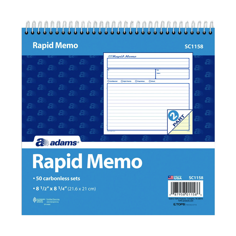 Adams Rapid Memo Pad, Two-Part Carbonless, 8.5 x 7.75, 50 Forms Total (ABFSC1158)