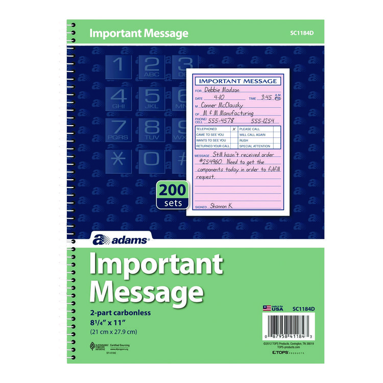 Adams Important Message Book, Two-Part Carbonless, 4 Forms/Sheet, 200 Forms Total (ABFSC1184D)