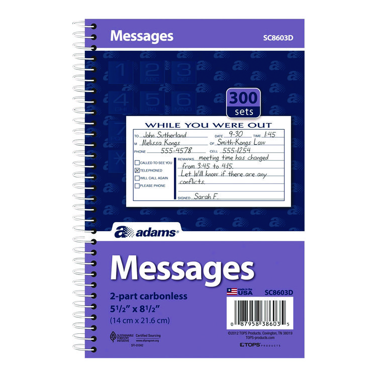 Adams While You Were Out Messages Book, Two-Part Carbonless, 5 x 2.83, 3 Forms/Sheet, 300 Forms Total (ABFSC8603D)