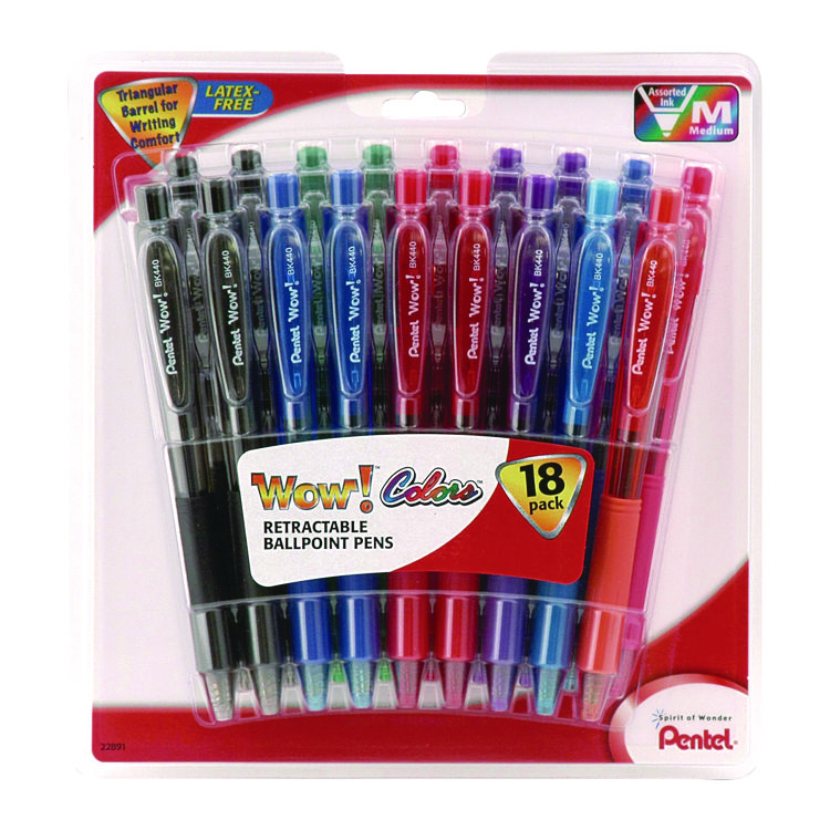 Pentel WOW! Ballpoint Pen, Retractable, Medium 1 mm, Assorted Ink and Barrel Colors, 18/Pack (PENBK440BP18M)