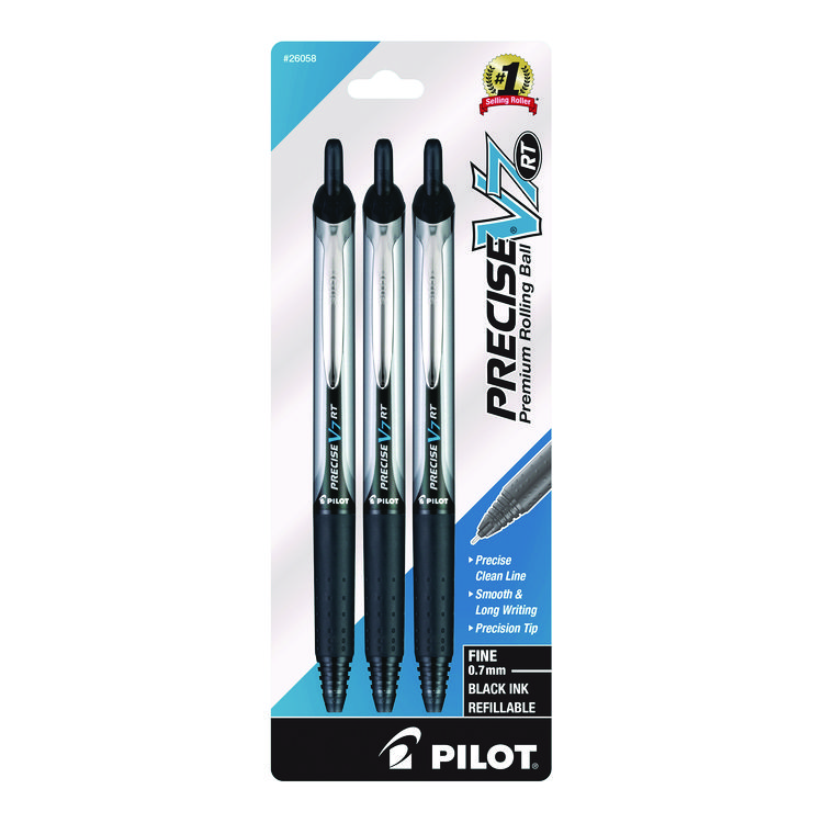 Pilot Precise V7RT Rollerball Pen, Retractable, Fine 0.7 mm, Black Ink, Black Barrel, 3/Pack (PIL26058)