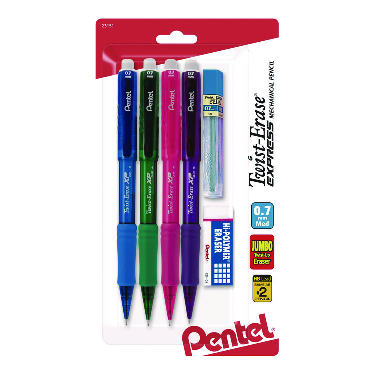 Pentel Twist Erase EXPRESS Mechanical Pencil, 0.7 mm, HB (#2), Black Lead, Assorted Color Barrels, 4/Pack (PENQE417FLZBP4)
