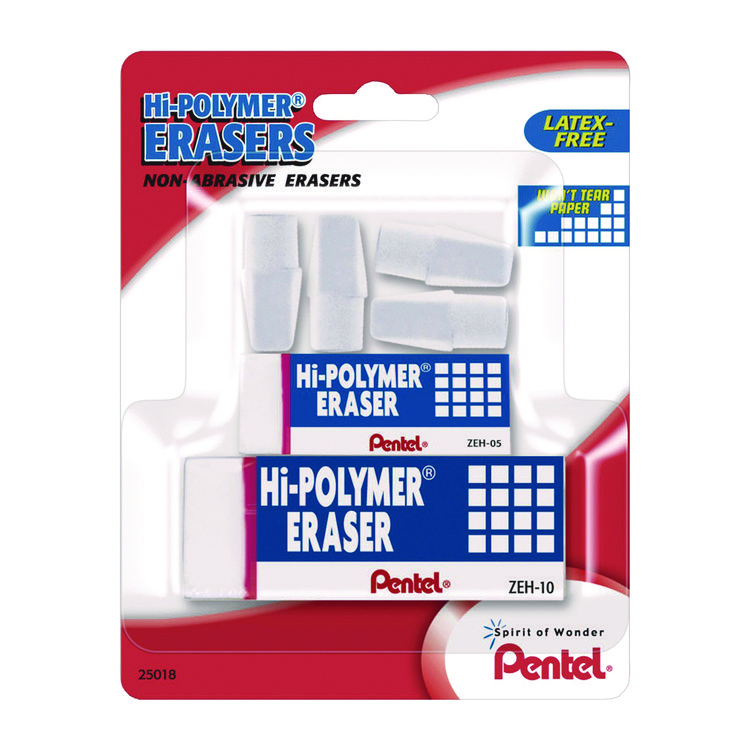 Pentel Hi-Polymer Eraser Assortment, (4) Pencil Caps/(1) Large Block/(1) Small Block, White, 6/Pack (PENZEH2510BP)