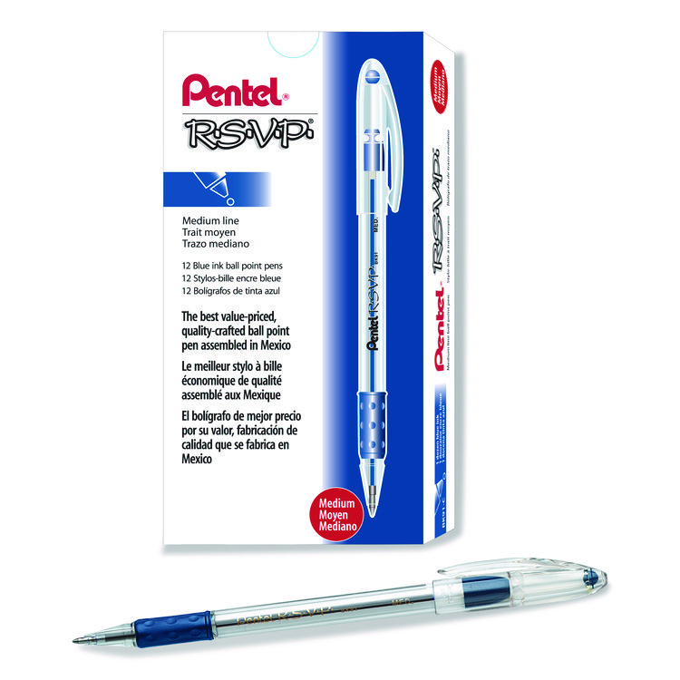 Pentel R.S.V.P. Ballpoint Pen, Stick, Medium 1 mm, Blue Ink, Clear/Blue Barrel, Dozen (PENBK91C)