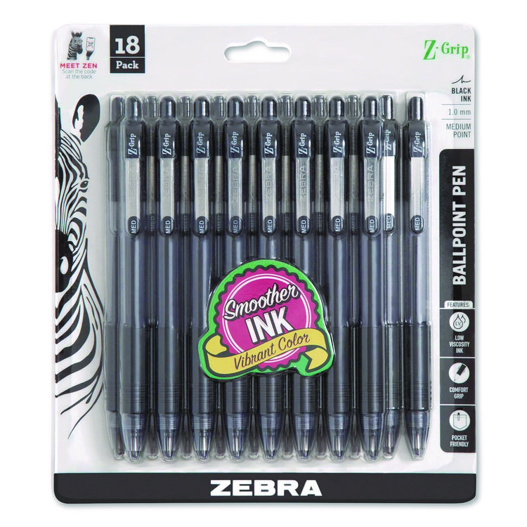 Zebra Z-Grip Ballpoint Pen, Retractable, Medium 1 mm, Black Ink, Clear/Black Barrel, 18/Pack (ZEB22218)