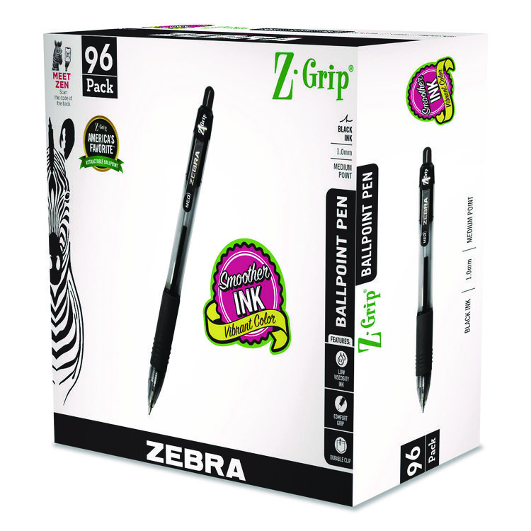 Zebra Z-Grip Ballpoint Pen, Retractable, Medium, 1 mm, Black Ink, Clear/Black Barrel, 96/Pack (ZEB22196)