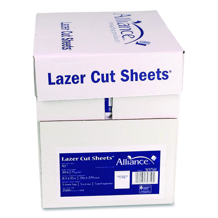 Alliance Laser Cut Sheets, 92 Bright, Side: 5-Hole Punched, 20 lb Bond Weight, 8.5 x 11, White, 500 Sheets/Ream, 5 Reams/Carton (IPS30750AA)