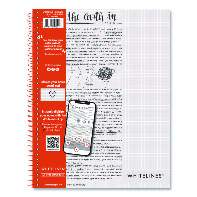 Roaring Spring Whitelines Notebook, Quadrille Rule (5 sq/in), Gray/Orange Cover, (70) 11 x 8.5 Sheets (ROA17001)