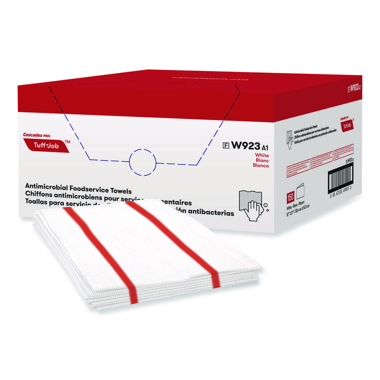 Cascades PRO Tuff-Job Guard Antimicrobial Towels, 12 x 21, 1/4 Fold, White/Red, 150/Carton (CSDW923)