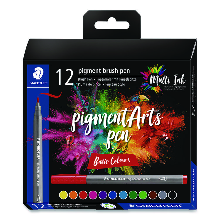Staedtler Pigment Brush Pen Set, Medium-Firm, Assorted Basic Colors, 12/Pack (STD371C121)