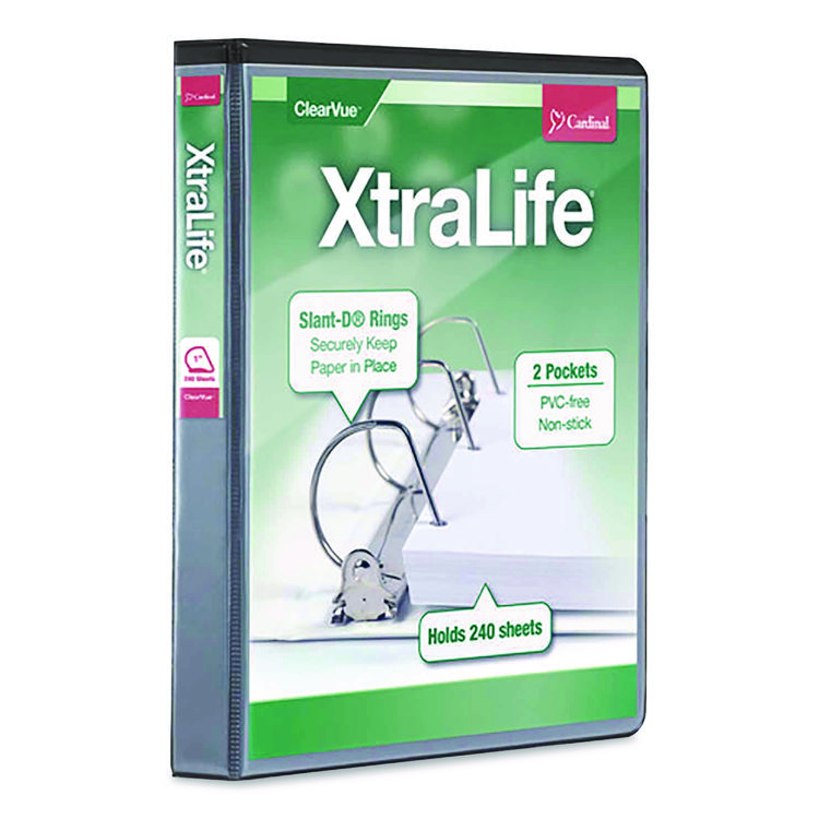 Cardinal XtraLife ClearVue Non-Stick Slant-D Ring Binder, 3 Rings, 1" Capacity, 11 x 8.5, Black (CRD26301)