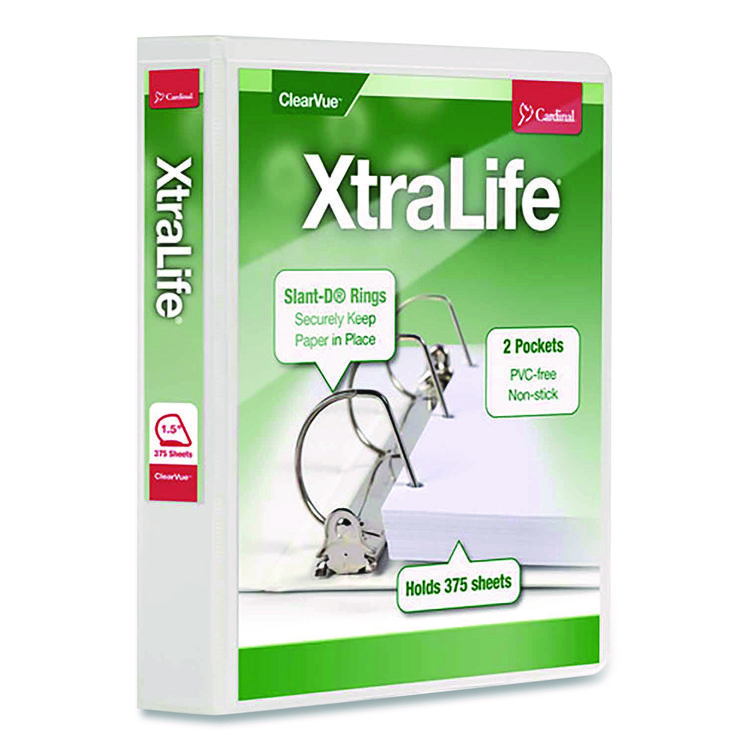 Cardinal XtraLife ClearVue Non-Stick Slant-D Ring Binder, 3 Rings, 1.5" Capacity, 11 x 8.5, White (CRD26310)