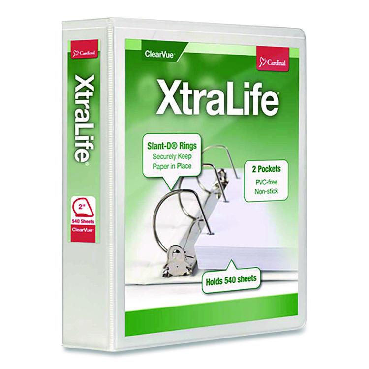 Cardinal XtraLife ClearVue Non-Stick Slant-D Ring Binder, 3 Rings, 2" Capacity, 11 x 8.5, White (CRD26320)