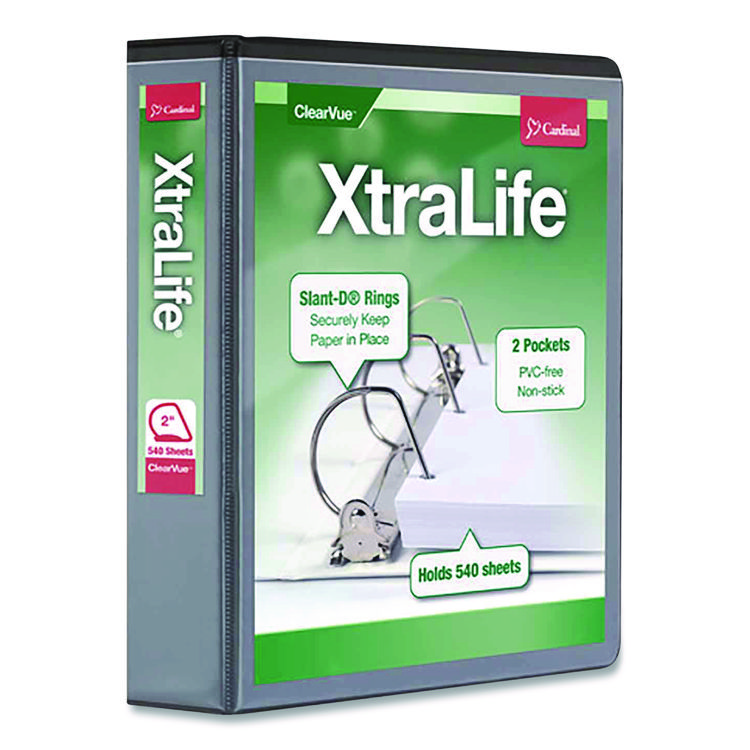 Cardinal XtraLife ClearVue Non-Stick Slant-D Ring Binder, 3 Rings, 2" Capacity, 11 x 8.5, Black (CRD26321)