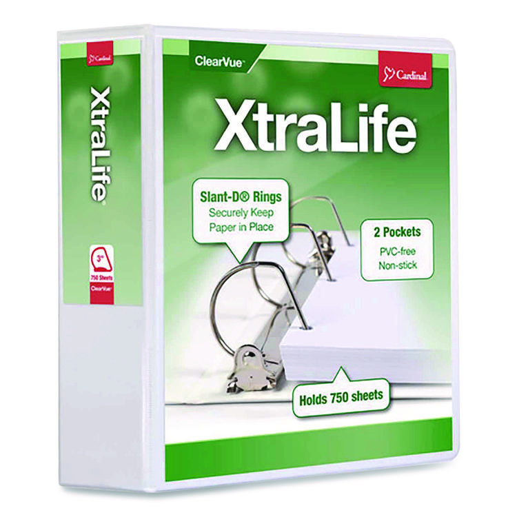 Cardinal XtraLife ClearVue Non-Stick Slant-D Ring Binder, 3 Rings, 3" Capacity, 11 x 8.5, White (CRD26330)