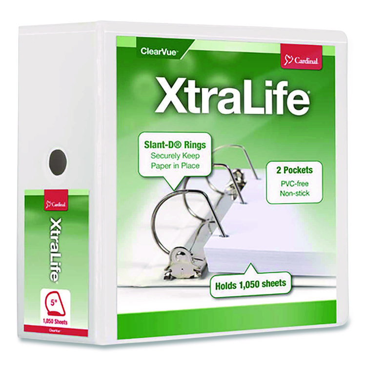 Cardinal XtraLife ClearVue Non-Stick Slant-D Ring Binder, 3 Rings, 5" Capacity, 11 x 8.5, White (CRD26350)