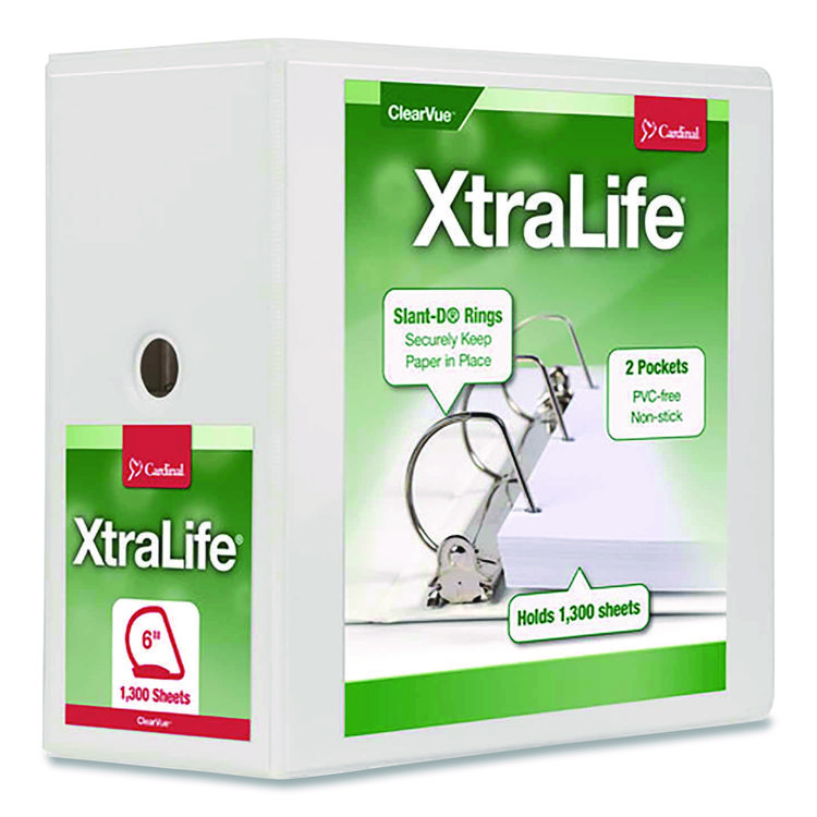 Cardinal XtraLife ClearVue Non-Stick Slant-D Ring Binder, 3 Rings, 6" Capacity, 11 x 8.5, White (CRD26360)