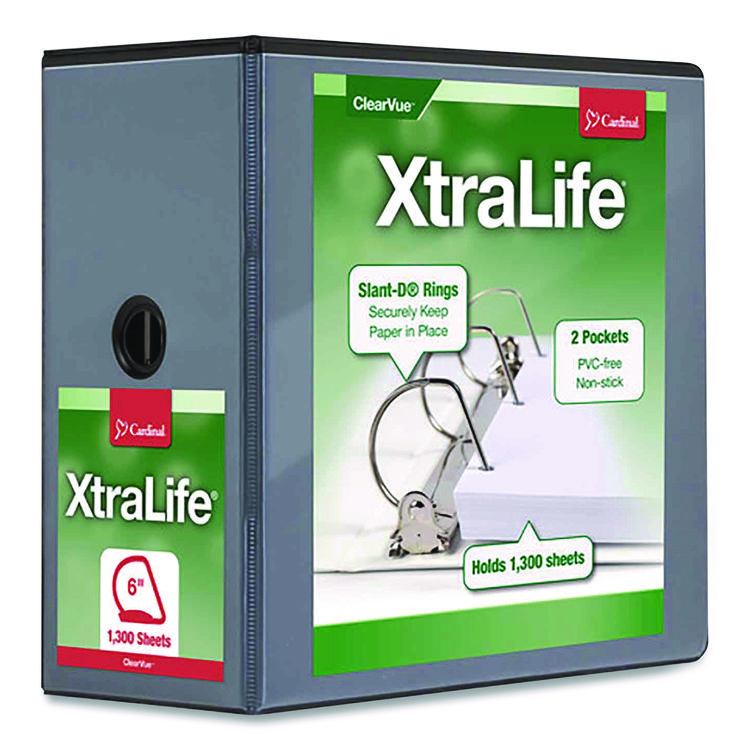 Cardinal XtraLife ClearVue Non-Stick Slant-D Ring Binder, 3 Rings, 6" Capacity, 11 x 8.5, Black (CRD26361)