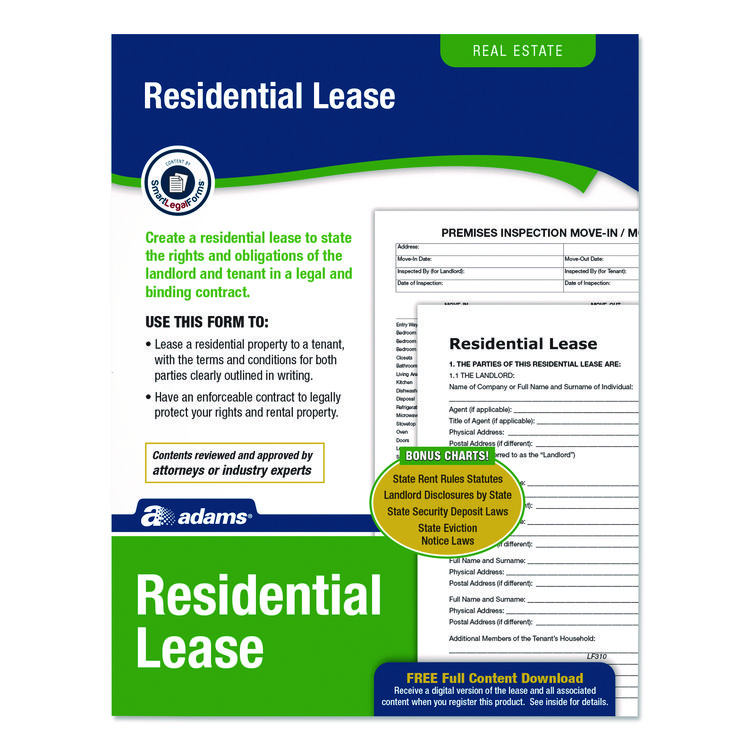Adams Residential Lease Form Sets with Instructions and Free Download, One-Part (No Copies), 8.5 x 11, 4 Forms/Set, 4 Sets/Pack (ABFLF310)