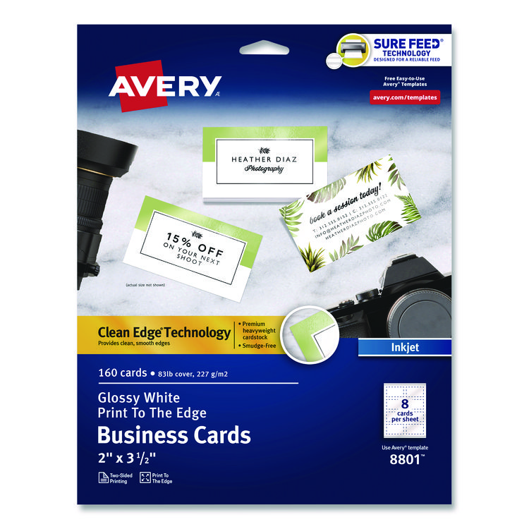 Avery Print to the Edge Business Cards with Sure Feed Technology, 2 x 3.5, White, 8/Sheet, 20 Sheets/Pack (AVE8801)