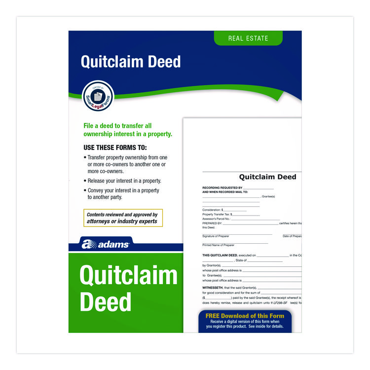 Adams Quitclaim Deed Forms with Instructions and Free Downloads, One-Part (No Copies), 8.5 x 11, 4 Forms Total (ABFLF298)