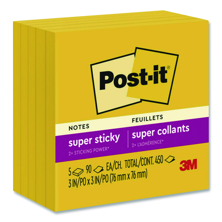 Post-it Notes Super Sticky Super Sticky Note Pads in Playful Primary Colors, 3 x 3, Sunnyside, 90 Sheets/Pad, 5 Pads/Pack (MMM6545SSY)
