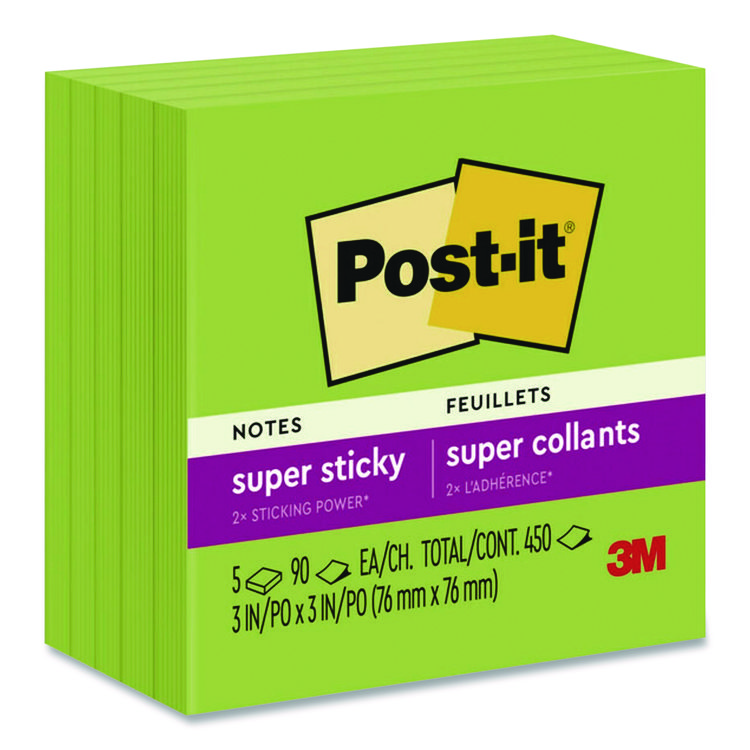 Post-it Notes Super Sticky Super Sticky Pads in Energy Boost Collection Colors, 3 x 3, Limeade, 90 Sheets/Pad, 5 Pads/Pack (MMM70005174100)