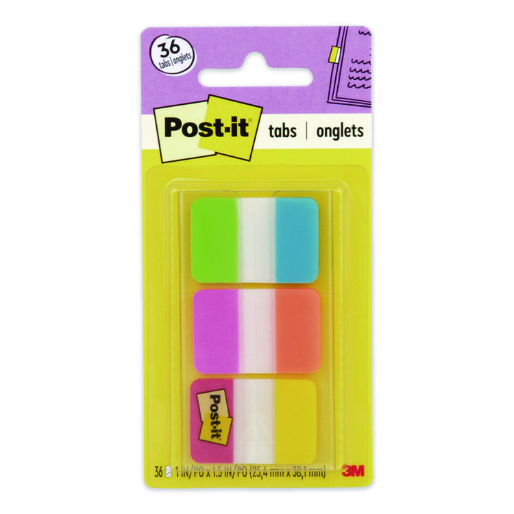 Post-it Tabs 1" Plain Solid Color Tabs, 1/5-Cut, Assorted Colors, 1" Wide, 36/Pack (MMM70005179224)