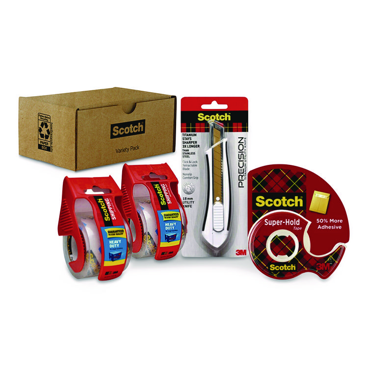 Scotch Shipping Variety Pack, (2) Rolls Heavy Duty Shipping Tape, (1) Roll Super-Hold Tape, (1) Precision Cutter (MMMSHIPPINGSIOC)