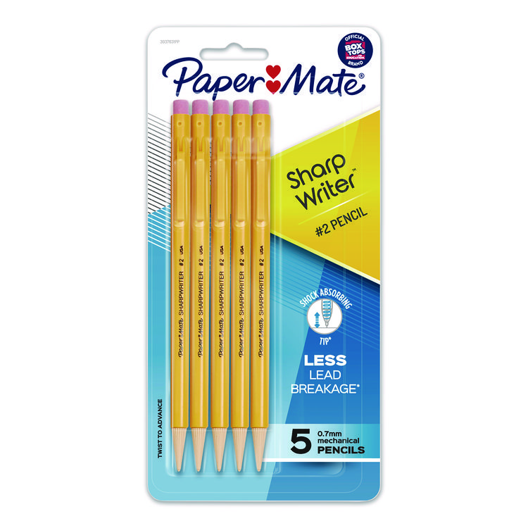 Paper Mate Sharpwriter Mechanical Pencil, 0.7 mm, HB (#2), Black Lead, Classic Yellow Barrel, 5/Pack (PAP30376BPP)