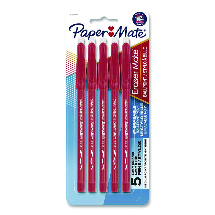 Paper Mate Eraser Mate Ballpoint Pen, Stick, Medium 1 mm, Red Ink, Red Barrel, 5/Pack (PAP31735)