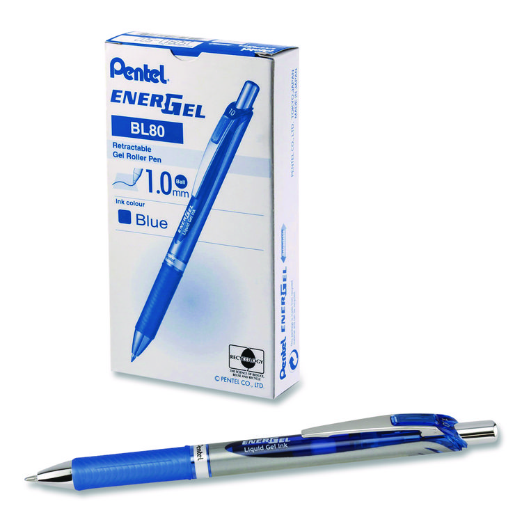 Pentel EnerGel RTX Gel Pen, Retractable, Bold 1 mm, Blue Ink, Blue/Gray Barrel, Dozen (PENBL80CDZ)